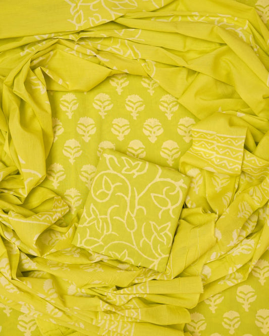 Hand Block Printed Unstiched Cotton Suit With Mulmul Dupatta