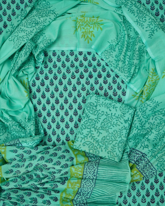 Hand Block Printed Unstiched Cotton Suit With Mulmul Dupatta