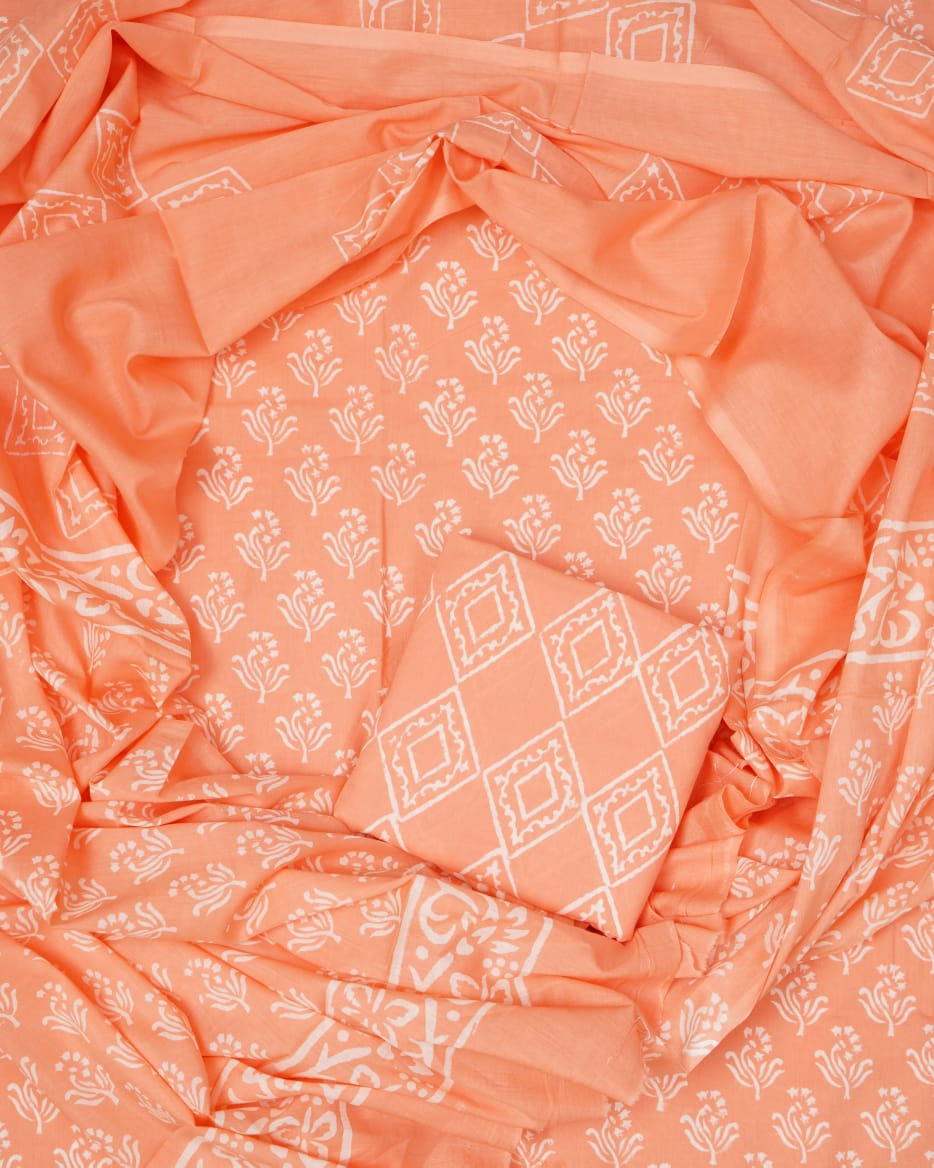 Hand Block Printed Unstiched Cotton Suit With Mulmul Dupatta