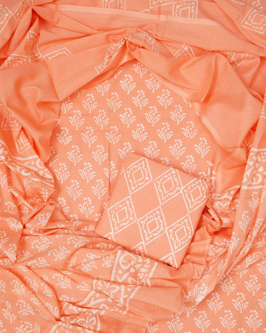 Hand Block Printed Unstiched Cotton Suit With Mulmul Dupatta