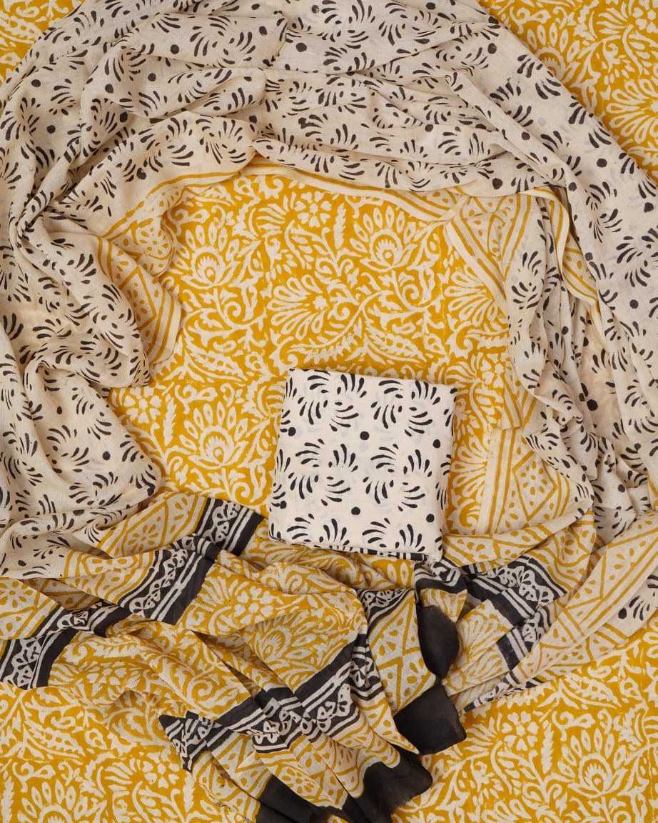 Hand Block Printed Unstiched Cotton Suit With Mulmul Dupatta