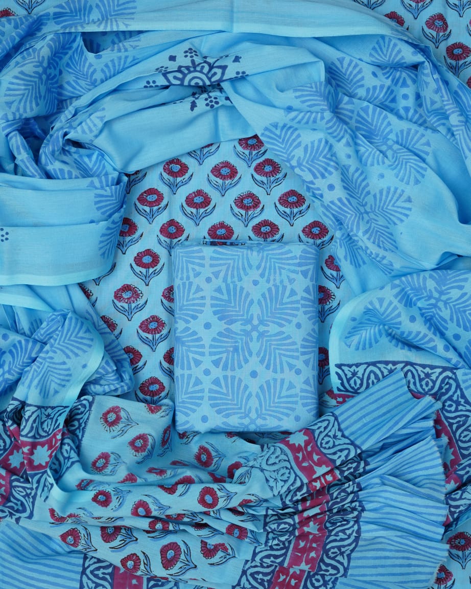 Hand Block Printed Unstiched Cotton Suit With Mulmul Dupatta