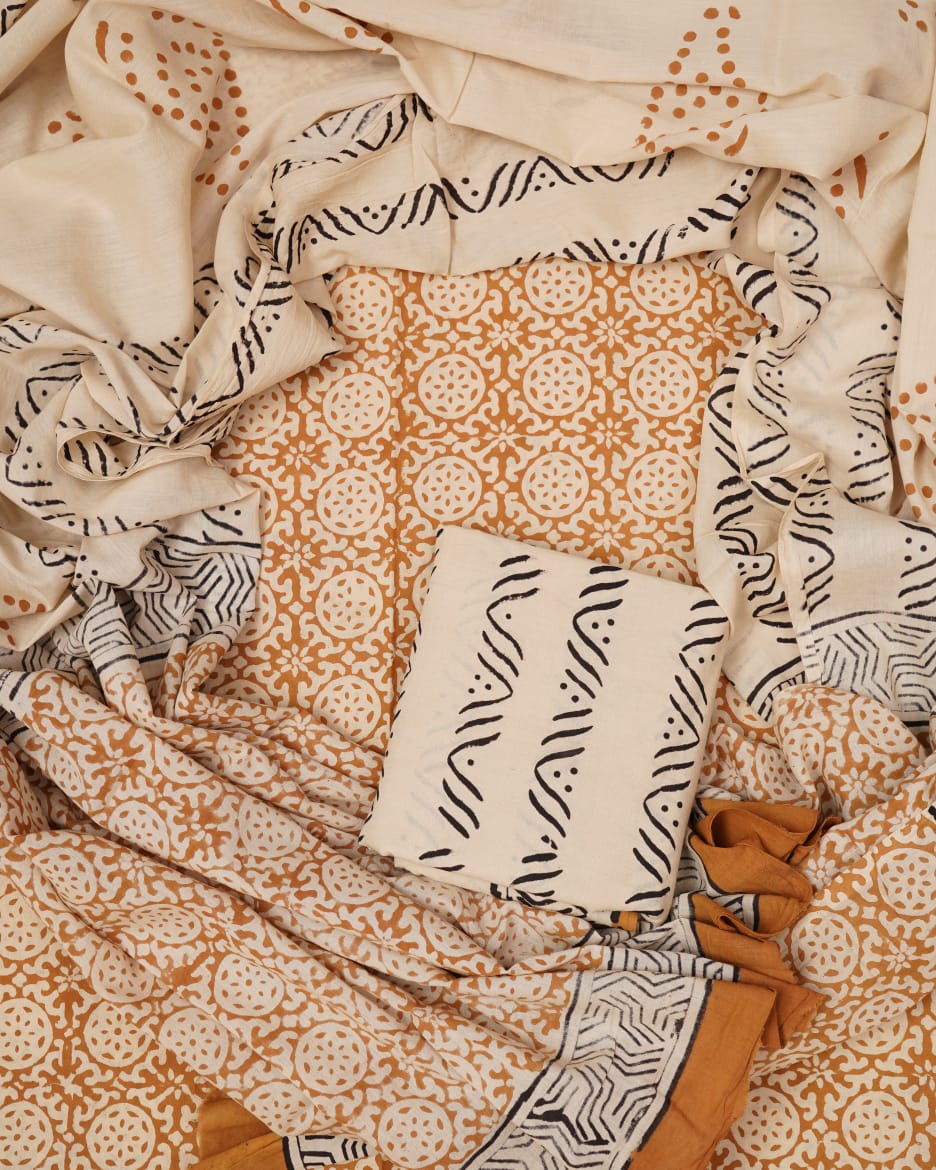 Hand Block Printed Unstiched Cotton Suit With Mulmul Dupatta