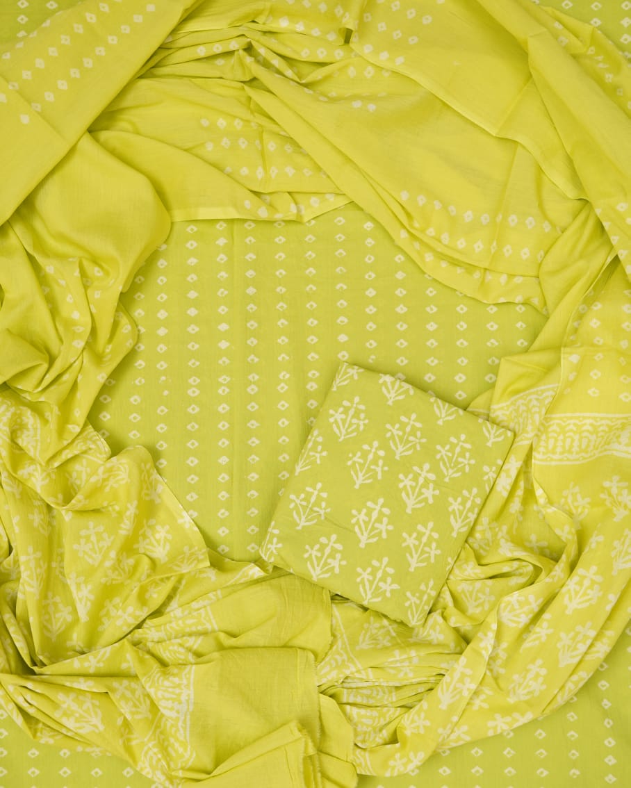 Hand Block Printed Unstiched Cotton Suit With Mulmul Dupatta