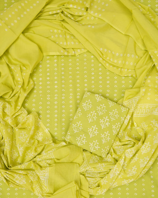 Hand Block Printed Unstiched Cotton Suit With Mulmul Dupatta