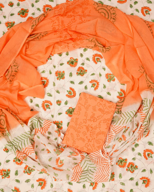 Hand Block Printed Unstiched Cotton Suit With Mulmul Dupatta