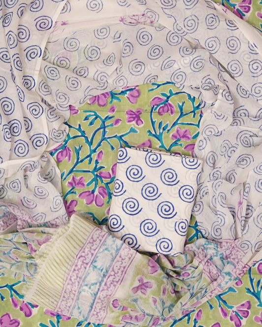 Hand Block Printed Unstiched Cotton Suit With Mulmul Dupatta