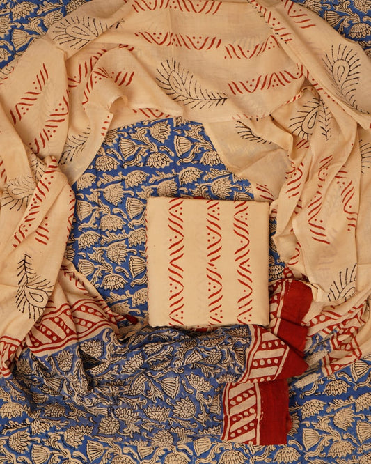 Hand Block Printed Unstiched Cotton Suit With Mulmul Dupatta