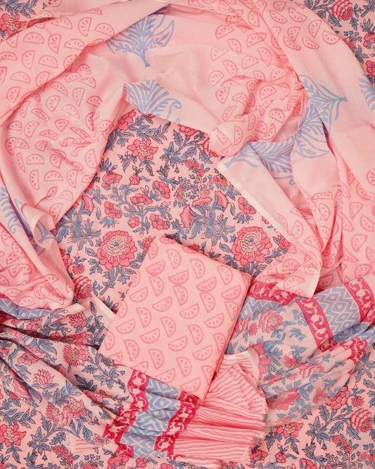 Hand Block Printed Unstiched Cotton Suit With Mulmul Dupatta