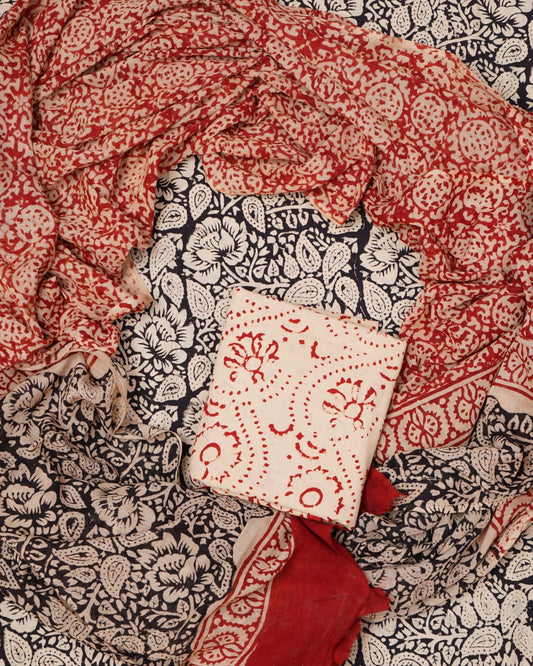 Hand Block Printed Unstiched Cotton Suit With Mulmul Dupatta