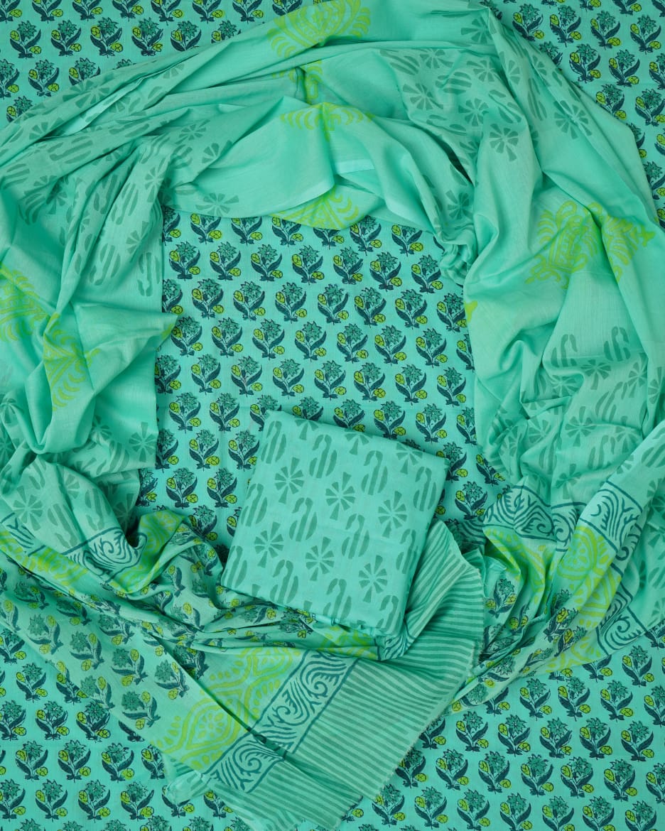 Hand Block Printed Unstiched Cotton Suit With Mulmul Dupatta