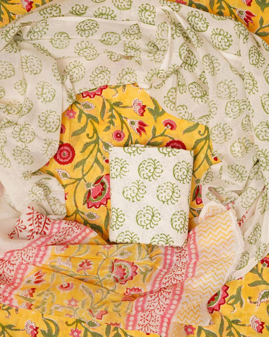 Hand Block Printed Unstiched Cotton Suit With Mulmul Dupatta
