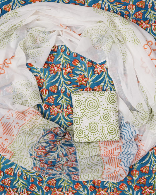 Hand Block Printed Unstiched Cotton Suit With Mulmul Dupatta
