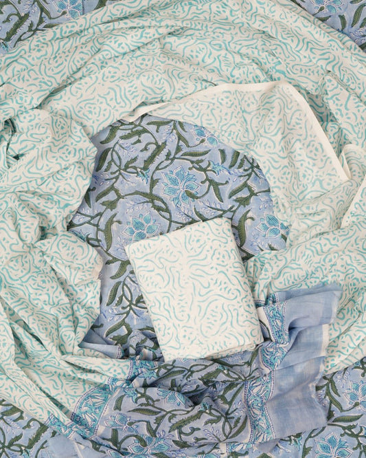 Hand Block Printed Unstiched Cotton Suit With Mulmul Dupatta