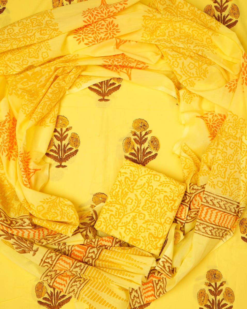 Hand Block Printed Unstiched Cotton Suit With Mulmul Dupatta