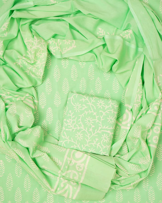 Hand Block Printed Unstiched Cotton Suit With Mulmul Dupatta