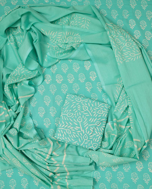 Hand Block Printed Unstiched Cotton Suit With Mulmul Dupatta