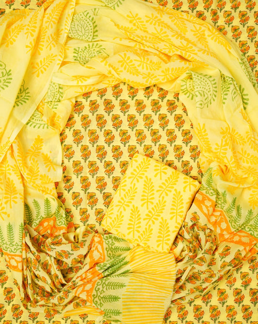 Hand Block Printed Unstiched Cotton Suit With Mulmul Dupatta