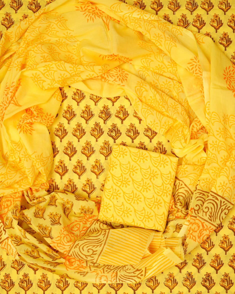 Hand Block Printed Unstiched Cotton Suit With Mulmul Dupatta