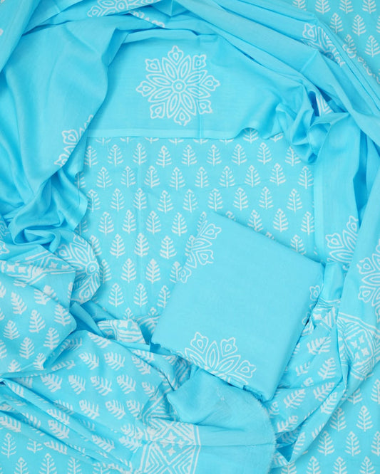 Hand Block Printed Unstiched Cotton Suit With Mulmul Dupatta