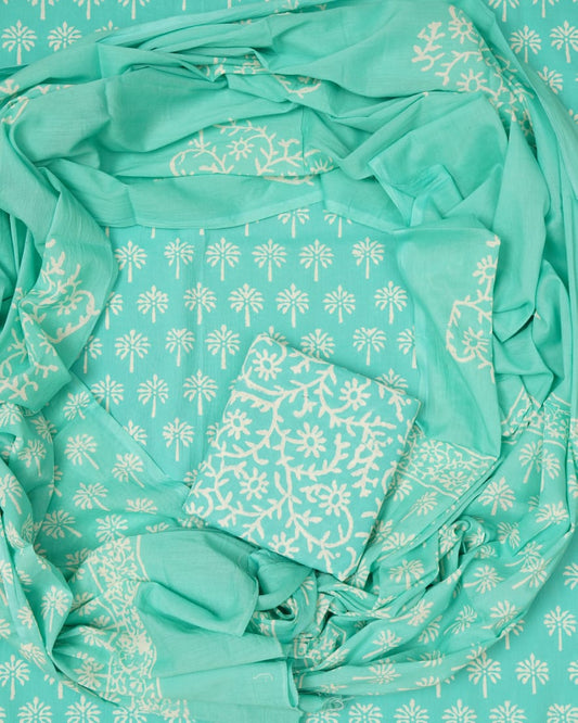 Hand Block Printed Unstiched Cotton Suit With Mulmul Dupatta