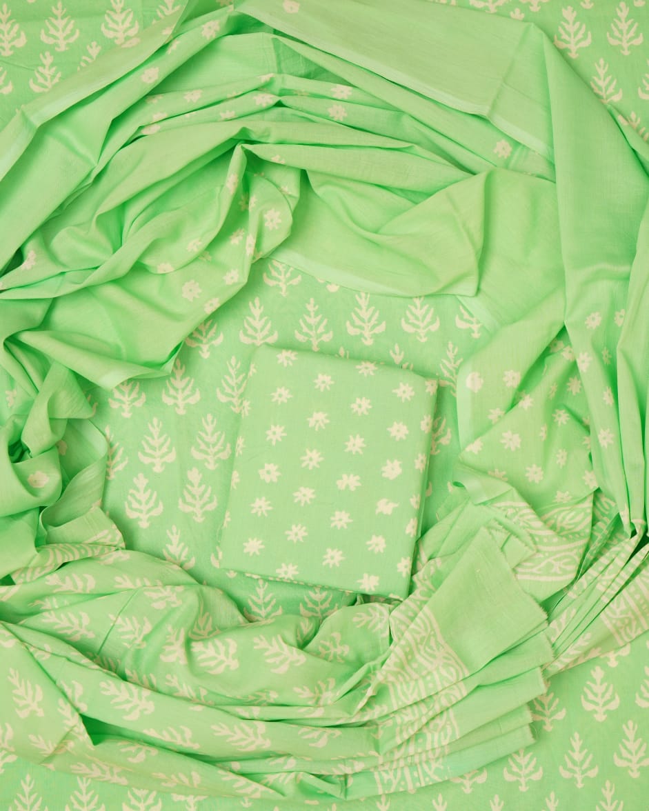 Hand Block Printed Unstiched Cotton Suit With Mulmul Dupatta