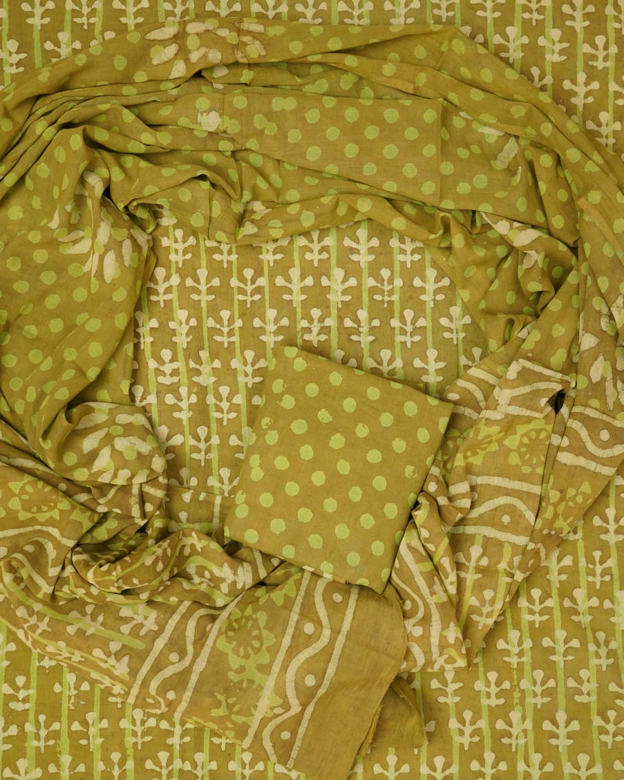 Hand Block Printed Unstiched Cotton Suit With Mulmul Dupatta