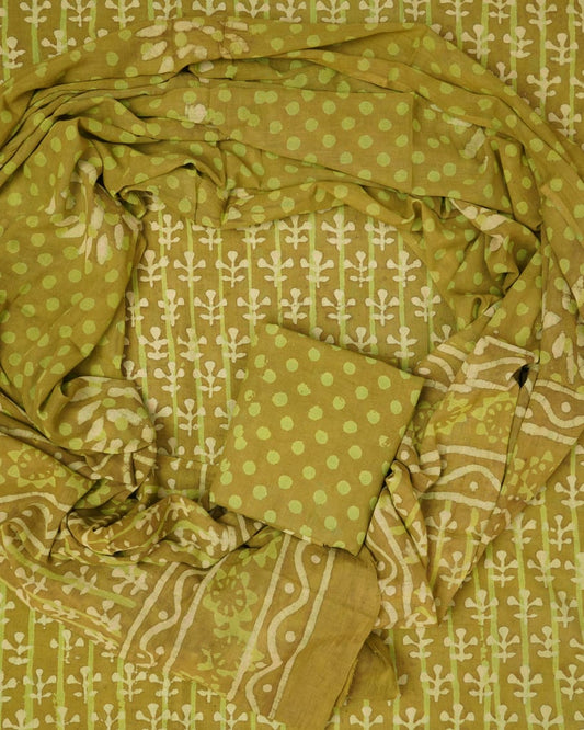Hand Block Printed Unstiched Cotton Suit With Mulmul Dupatta