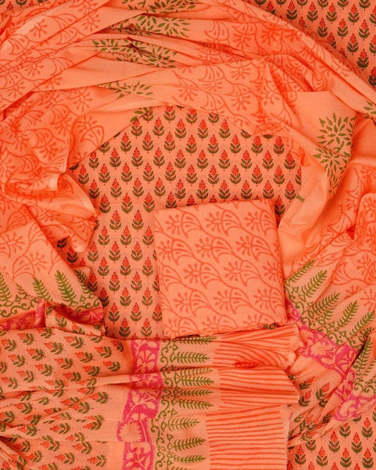 Hand Block Printed Unstiched Cotton Suit With Mulmul Dupatta