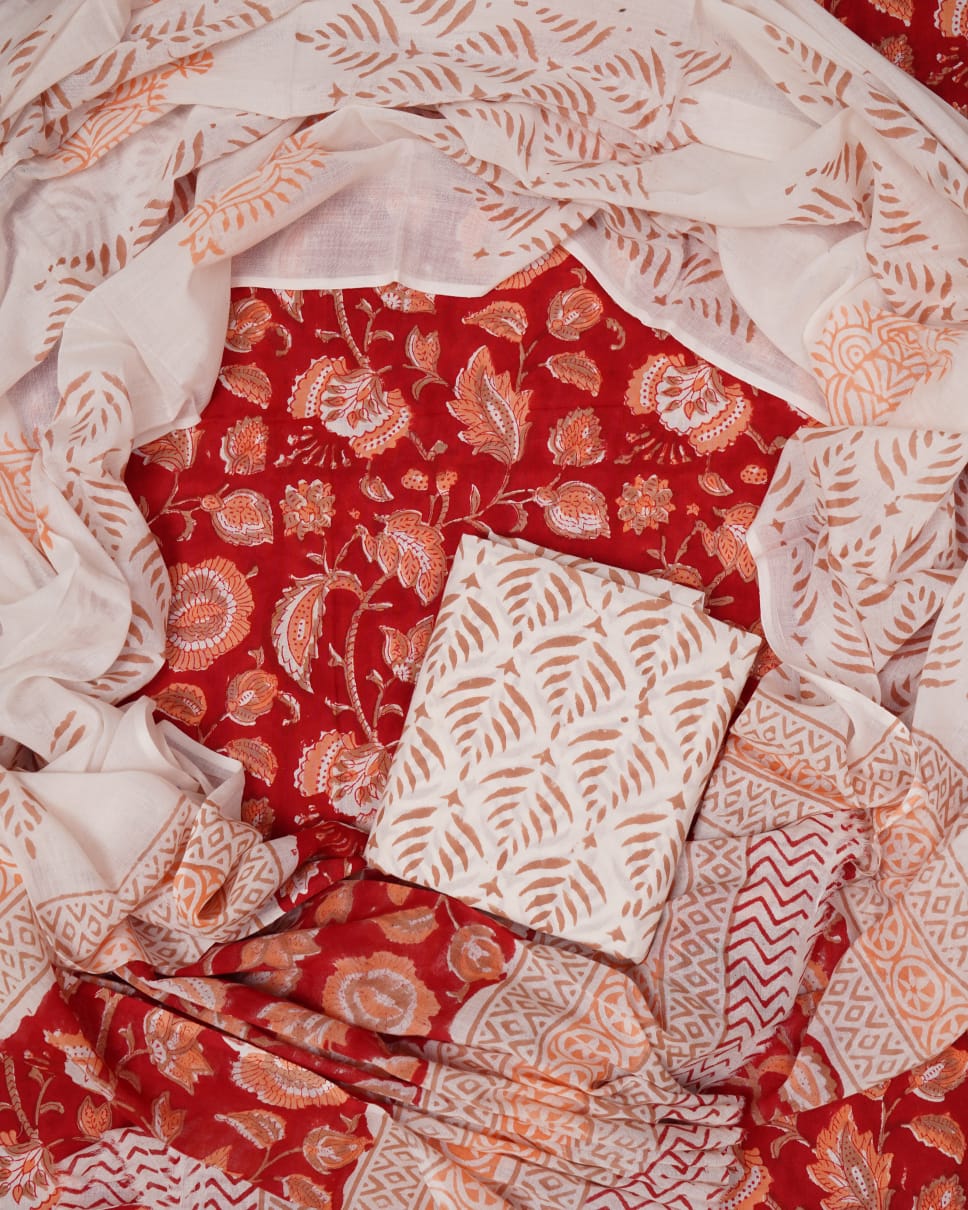 Hand Block Printed Unstiched Cotton Suit With Mulmul Dupatta
