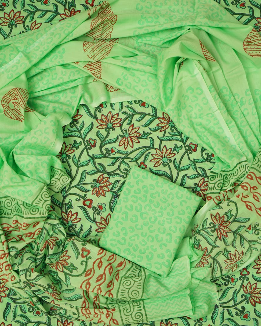 Hand Block Printed Unstiched Cotton Suit With Mulmul Dupatta