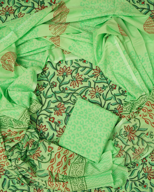 Hand Block Printed Unstiched Cotton Suit With Mulmul Dupatta