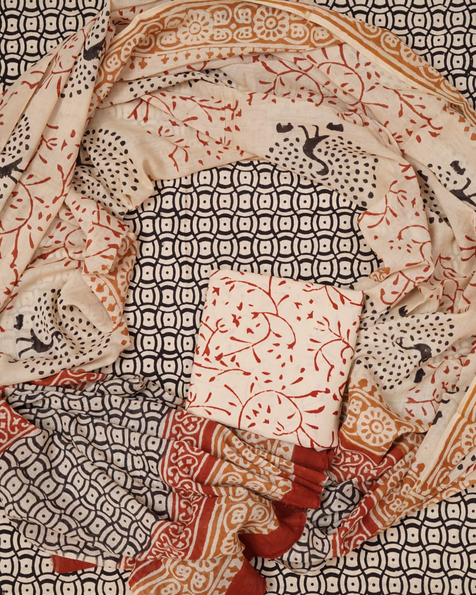 Hand Block Printed Unstiched Cotton Suit With Mulmul Dupatta