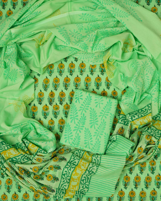 Hand Block Printed Unstiched Cotton Suit With Mulmul Dupatta