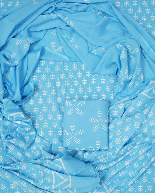 Hand Block Printed Unstiched Cotton Suit With Mulmul Dupatta