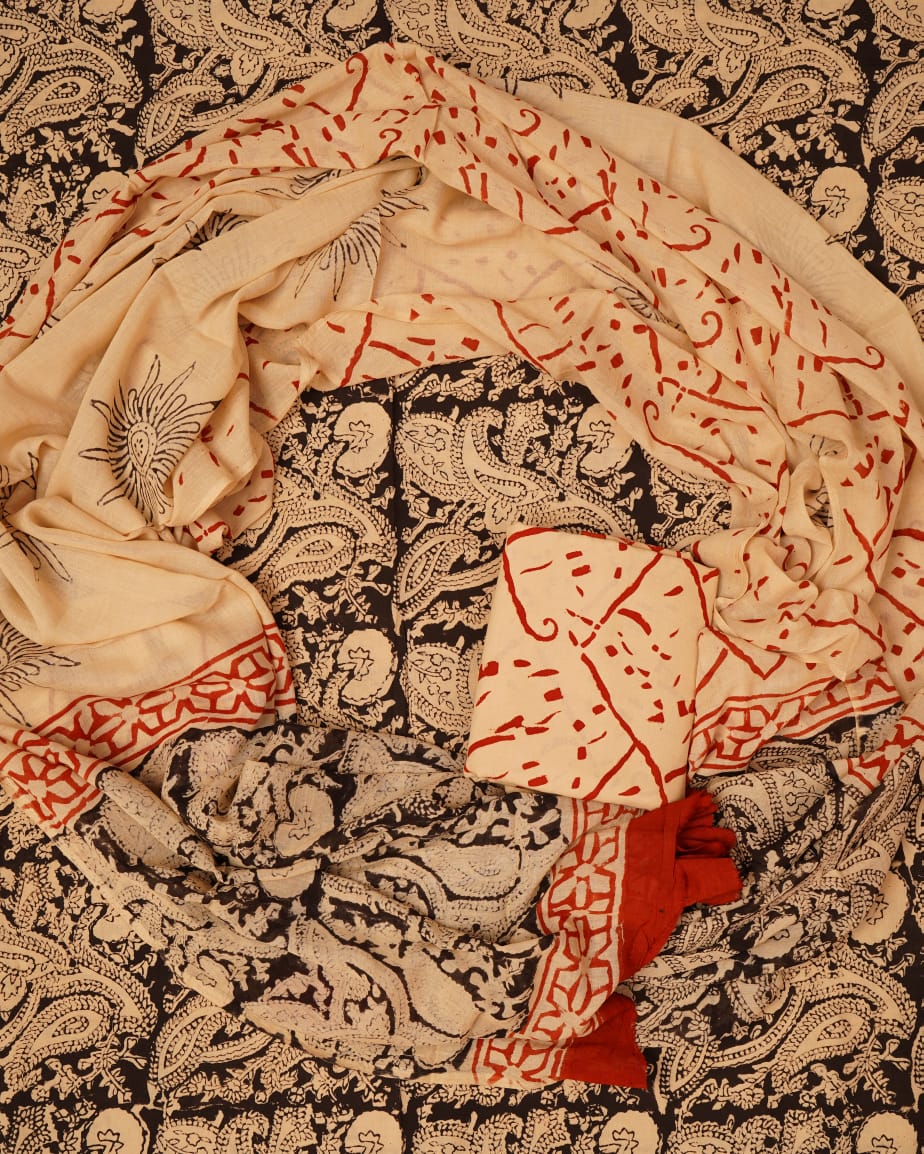 Hand Block Printed Unstiched Cotton Suit With Mulmul Dupatta