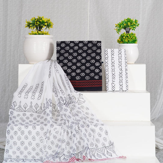 Hand Block Printed Unstiched Cotton Suit With Mulmul Dupatta