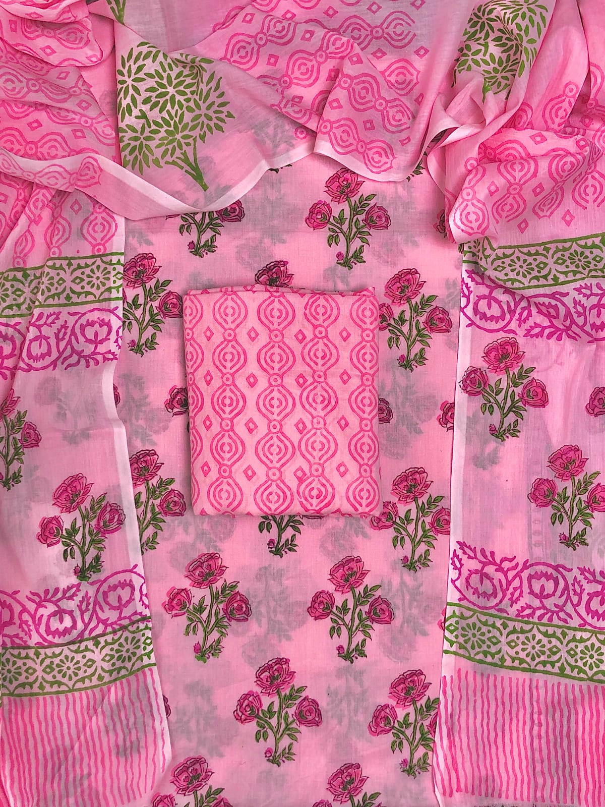 Hand Block Printed Unstiched Cotton Suit With Mulmul Dupatta