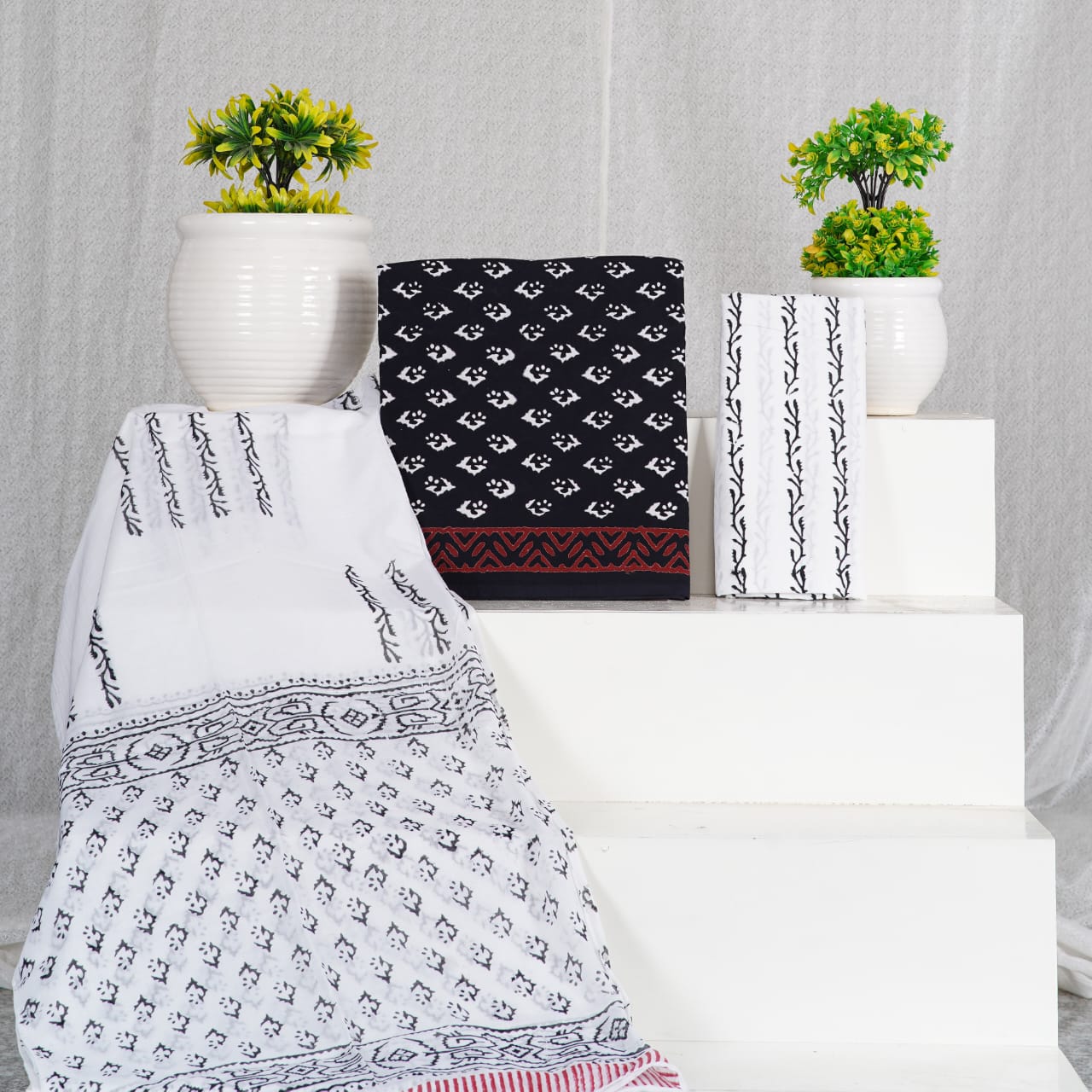 Hand Block Printed Unstiched Cotton Suit With Mulmul Dupatta