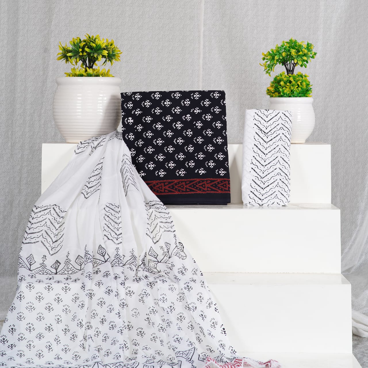 Hand Block Printed Unstiched Cotton Suit With Mulmul Dupatta