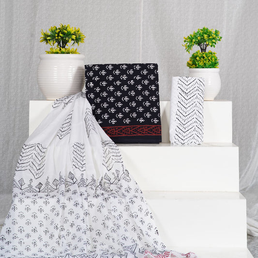 Hand Block Printed Unstiched Cotton Suit With Mulmul Dupatta