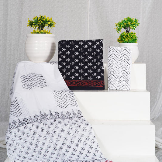 Hand Block Printed Unstiched Cotton Suit With Mulmul Dupatta