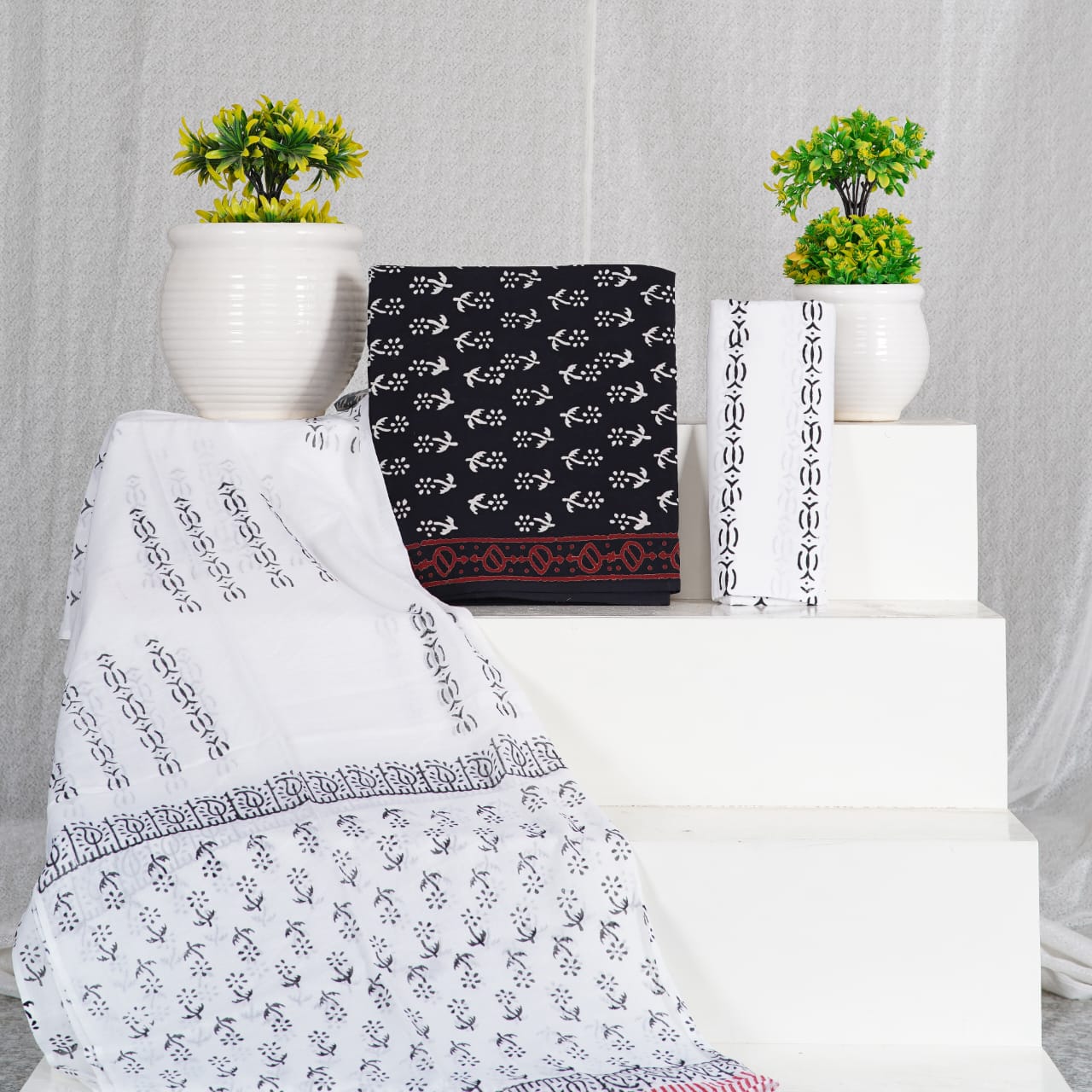 Hand Block Printed Unstiched Cotton Suit With Mulmul Dupatta