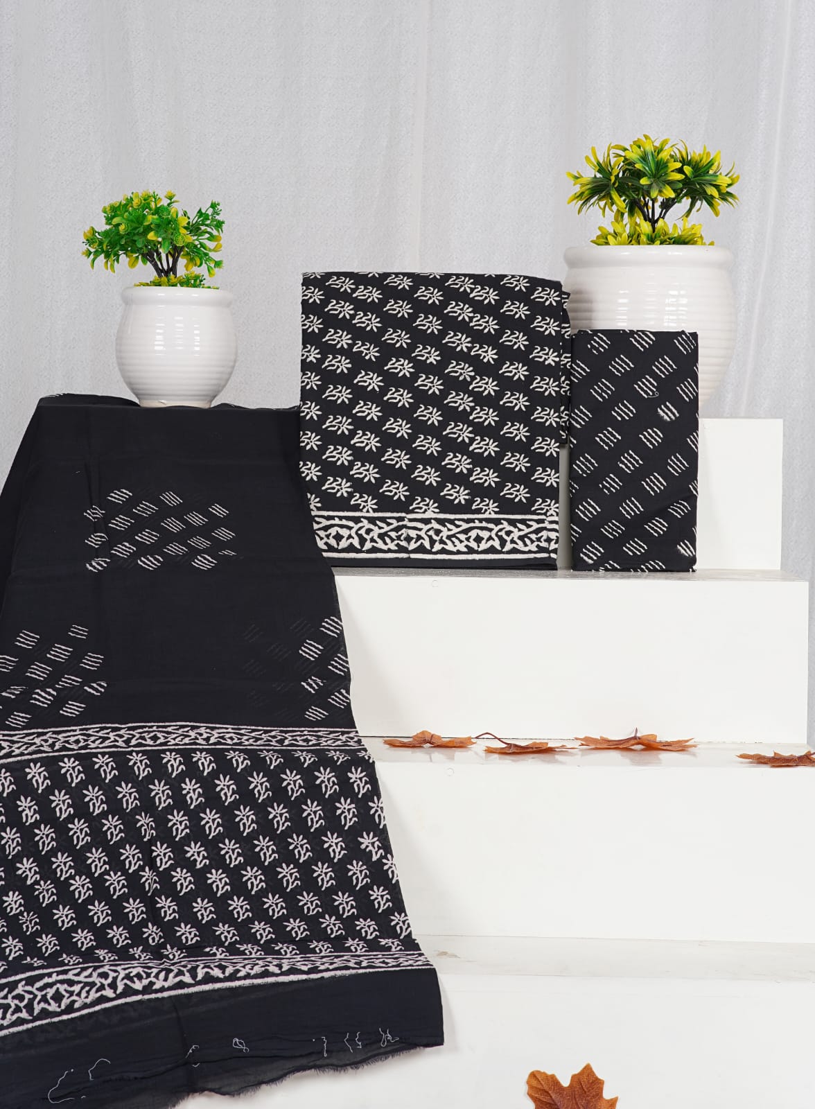 Hand Block Printed Unstiched Cotton Suit With Mulmul Dupatta