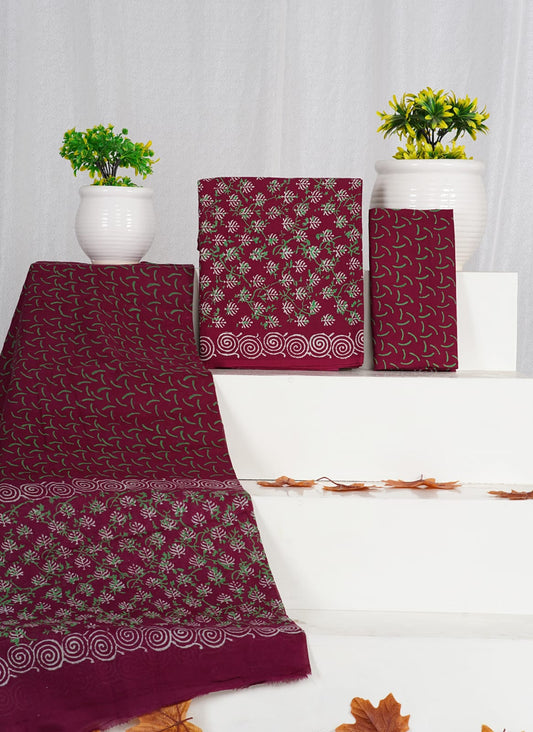 Hand Block Printed Unstiched Cotton Suit With Mulmul Dupatta