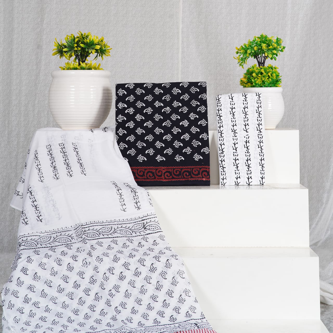 Hand Block Printed Unstiched Cotton Suit With Mulmul Dupatta