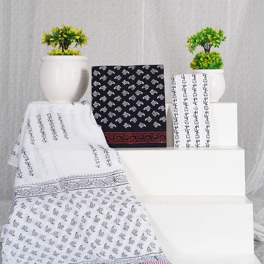 Hand Block Printed Unstiched Cotton Suit With Mulmul Dupatta