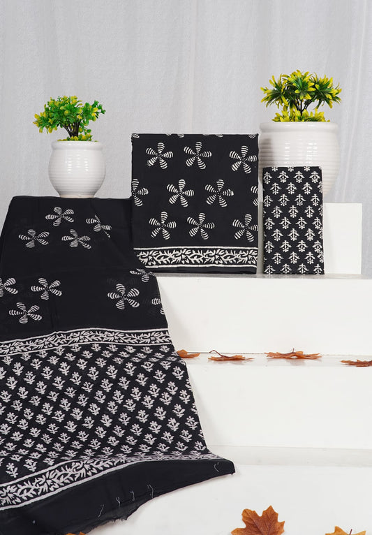 Hand Block Printed Unstiched Cotton Suit With Mulmul Dupatta