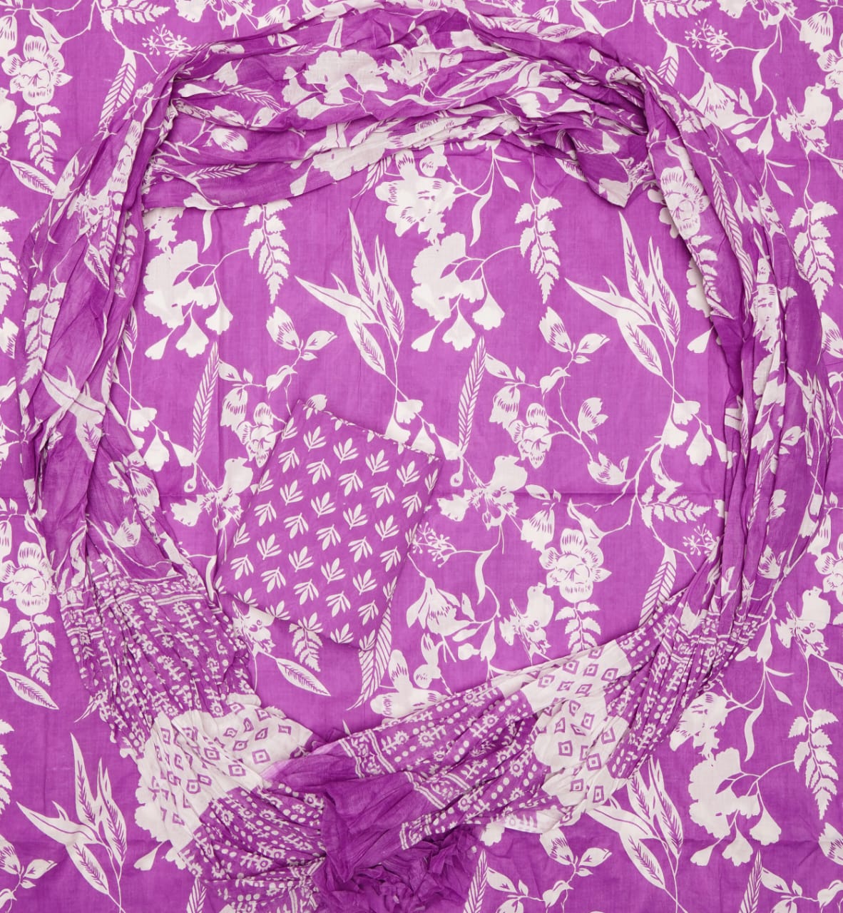 Hand Printed Unstiched Cotton Suit With Mulmul Dupatta