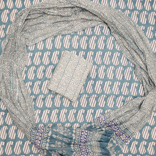 Hand Printed Unstiched Cotton Suit With Mulmul Dupatta